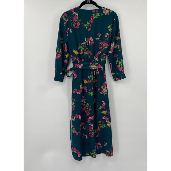 Eliza J Fit & Flare Dress V Neck Surplice Floral Birds Print Midi Green Womens 0 - Picture 4 of 7
